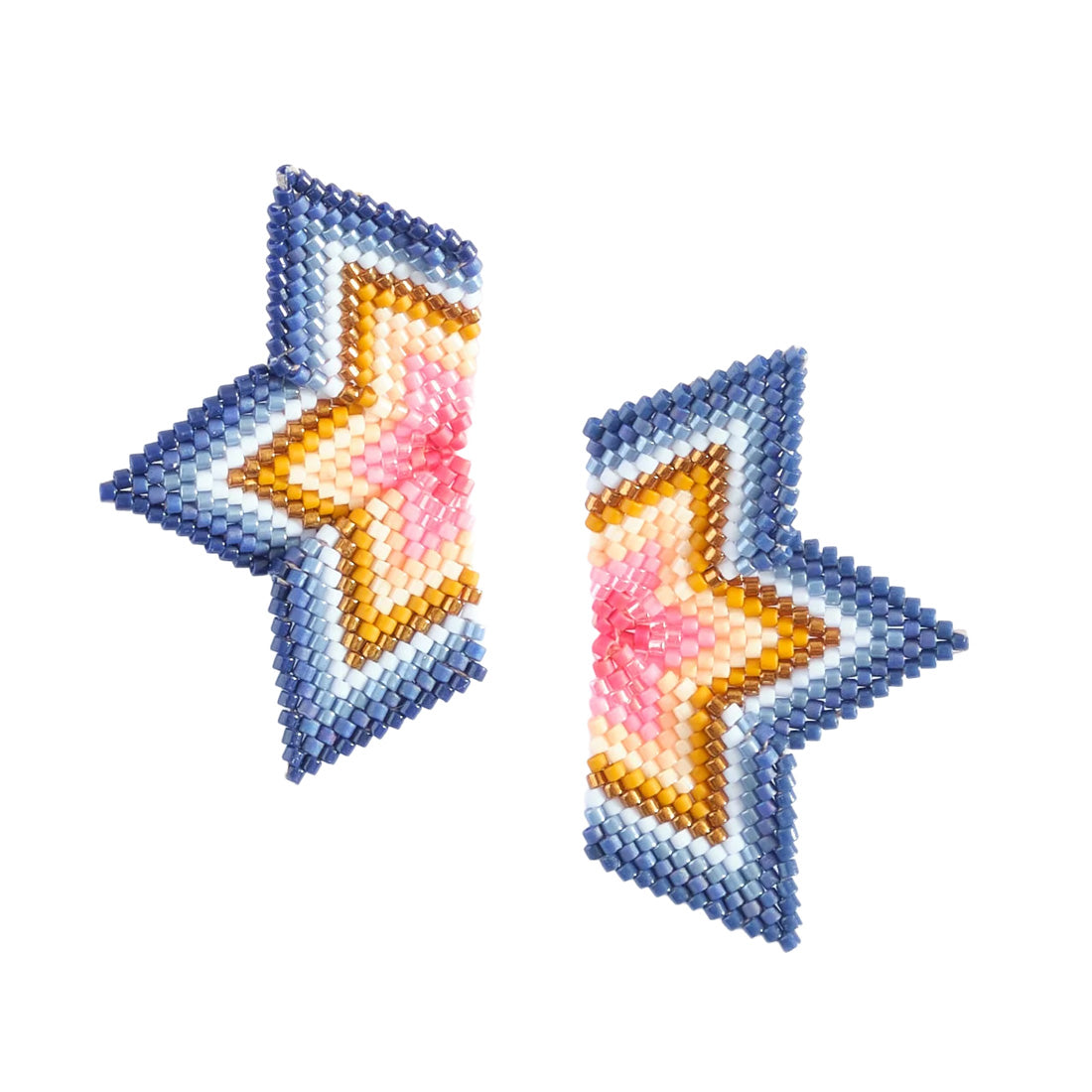 Blue Pink Beaded Handwoven Medium Half Star Earrings