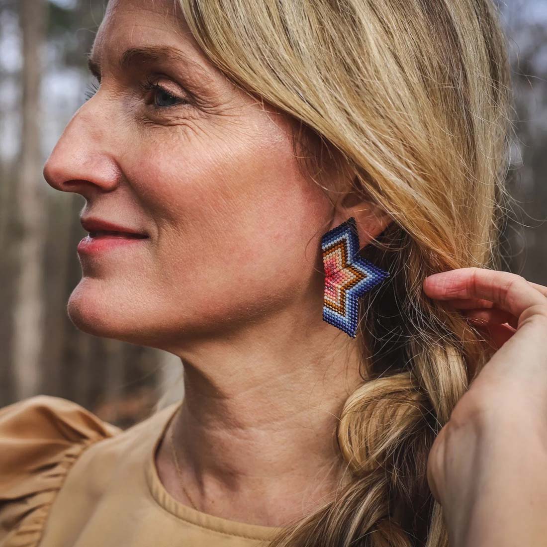 Blue Pink Beaded Handwoven Medium Half Star Earrings