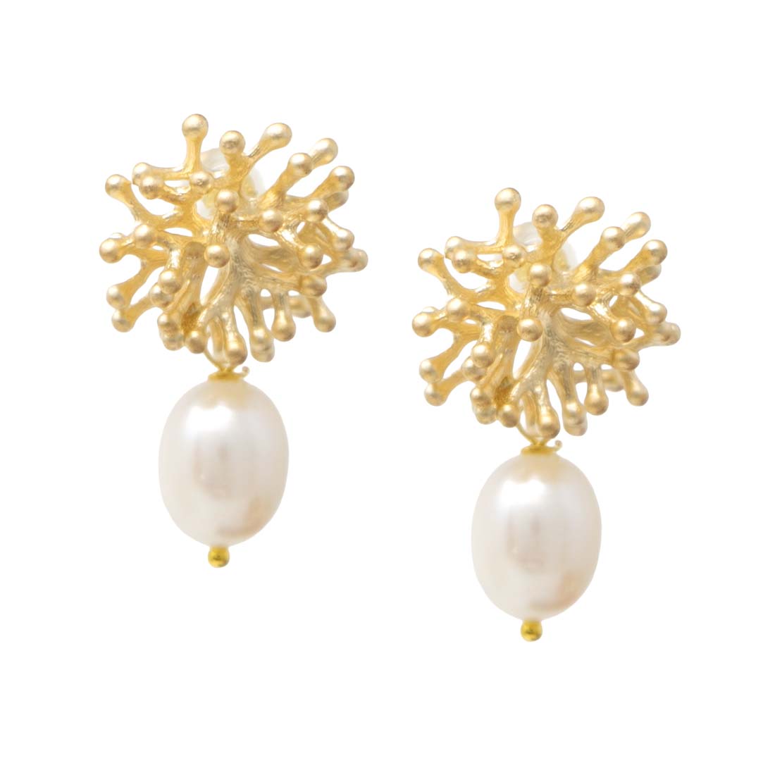 Gold coral-shaped earrings with pearl drops on a white background