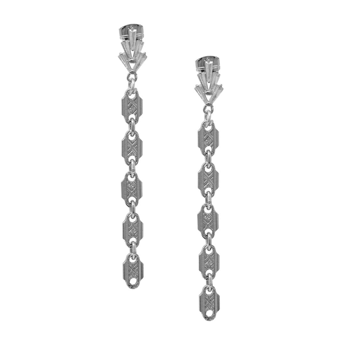 Pair of silver chain earrings on a white background