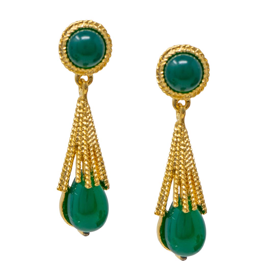 Gold earrings with green gemstones on a white background