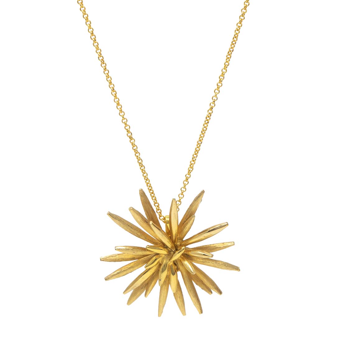 Gold starburst pendant necklace on a white background