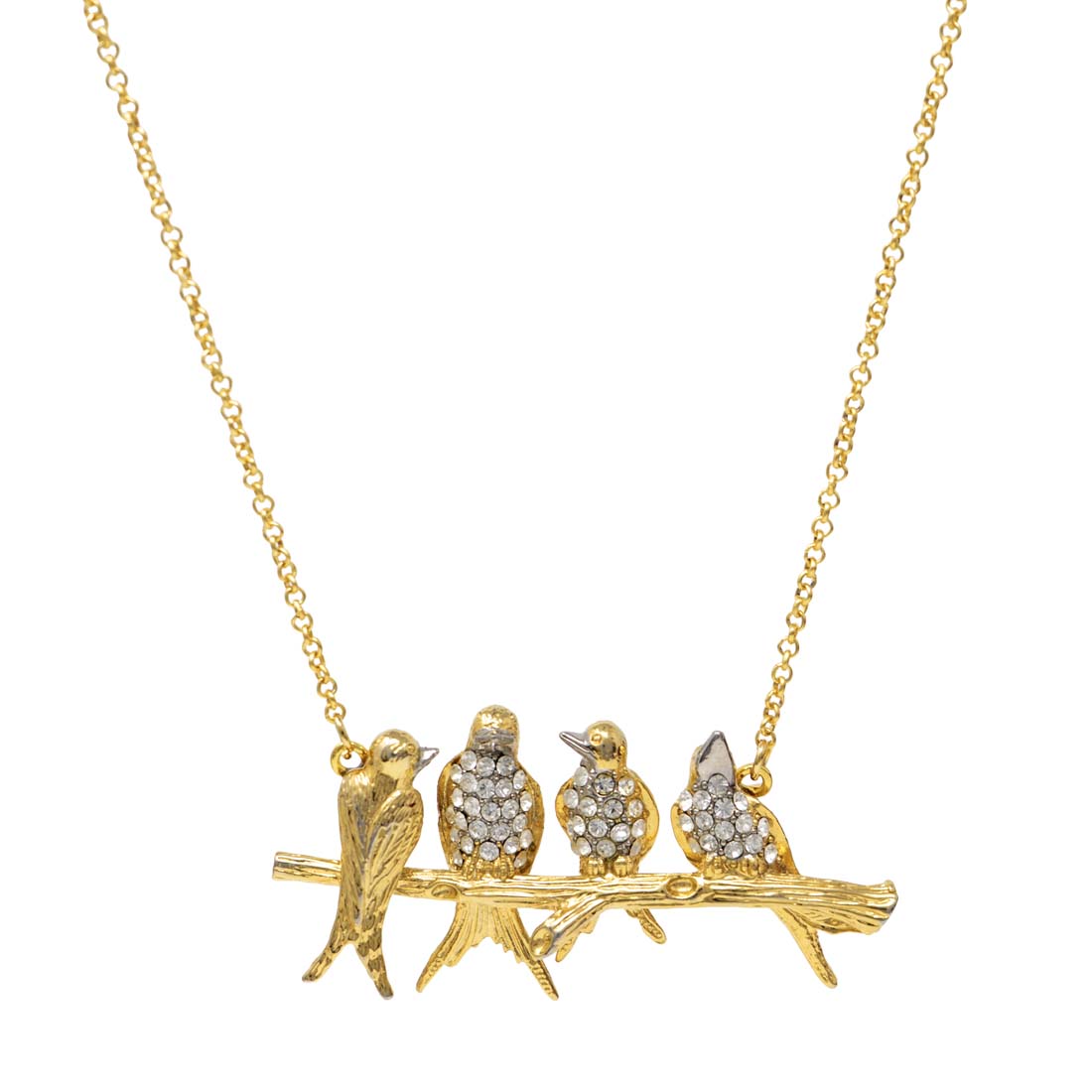 Gold necklace with bird-shaped pendant on a white background