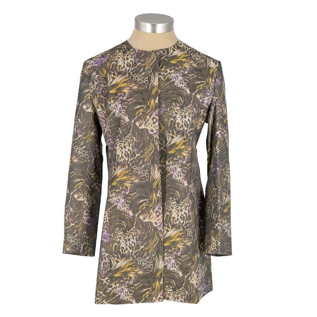Long-sleeve dress with a floral pattern on a mannequin against a white background
