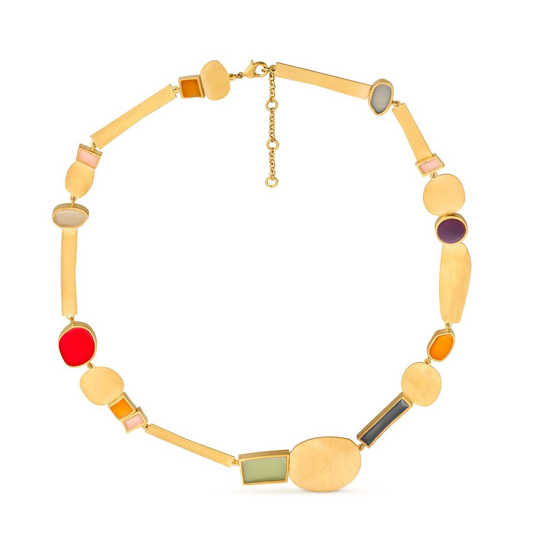 Gold necklace with colorful beads on a white background