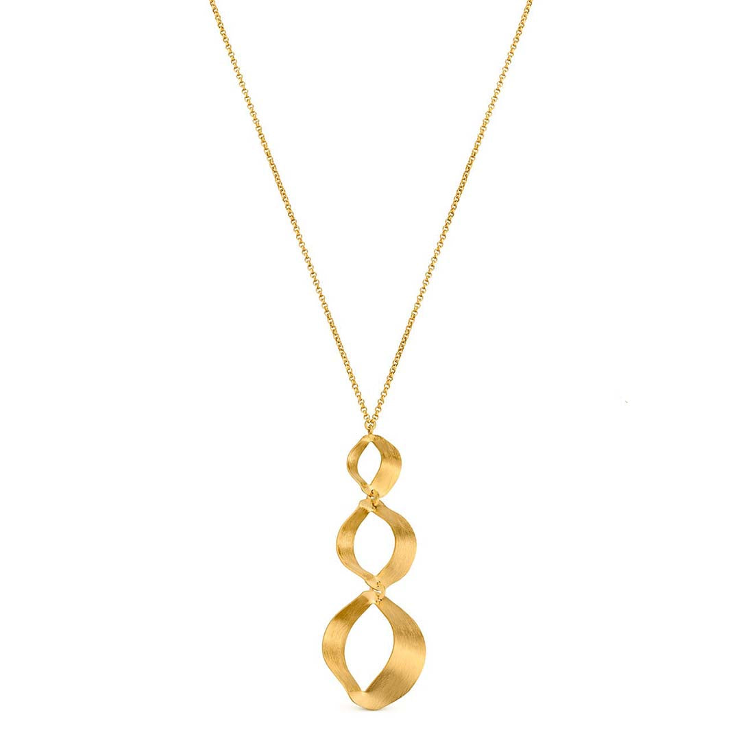 Gold necklace with a double-loop pendant on a white background