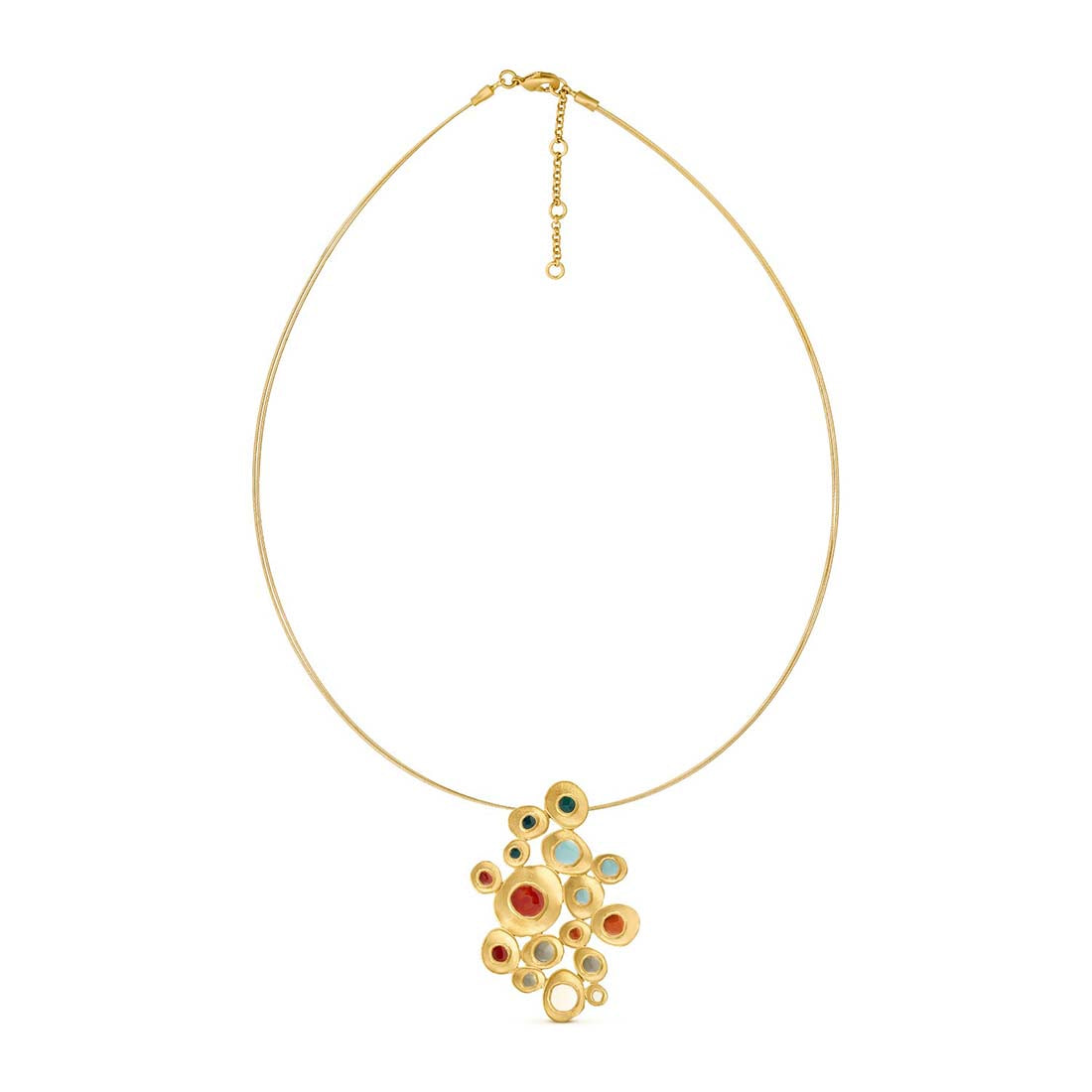 Gold necklace with a colorful pendant on a white background