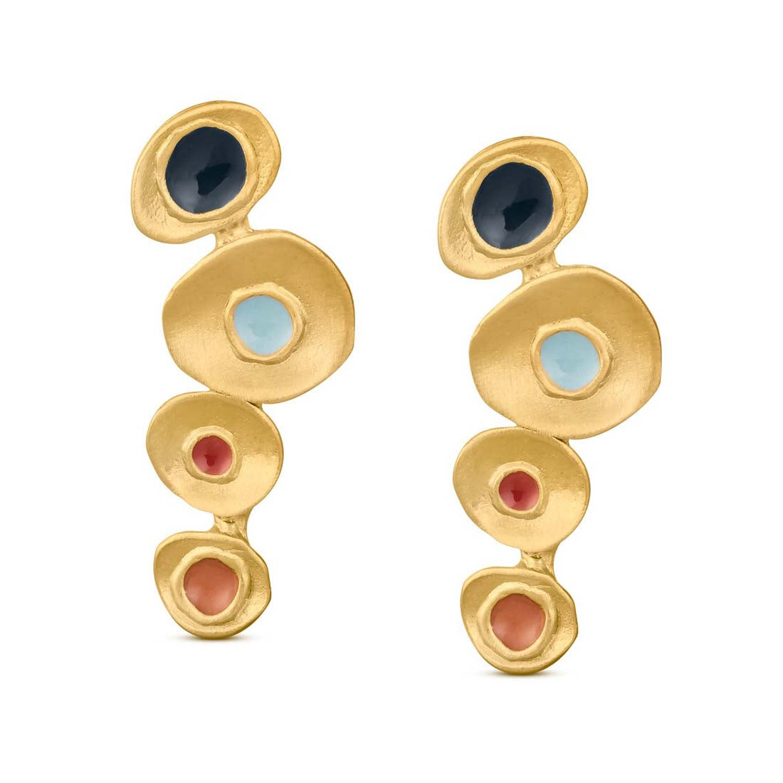Gold earrings with multicolored stones on a white background