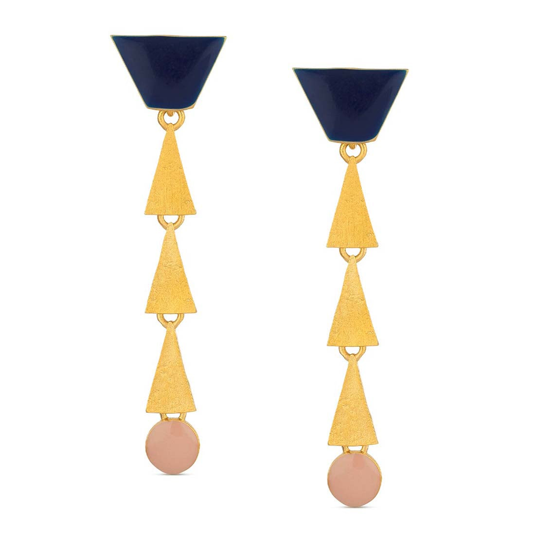 Pair of earrings with blue, gold, and pink geometric shapes on a white background