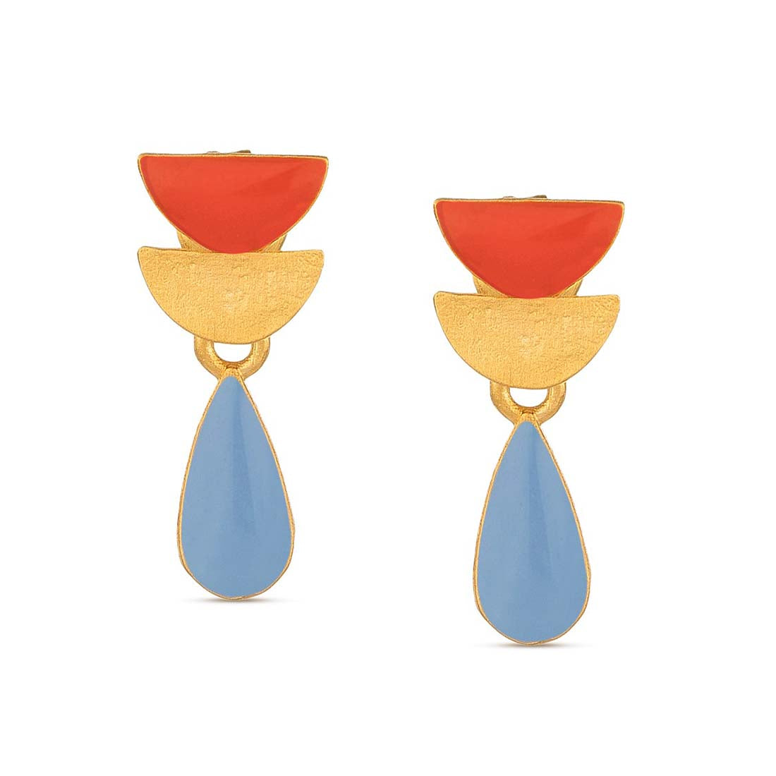 Pair of earrings with red, gold, and blue colors on a white background