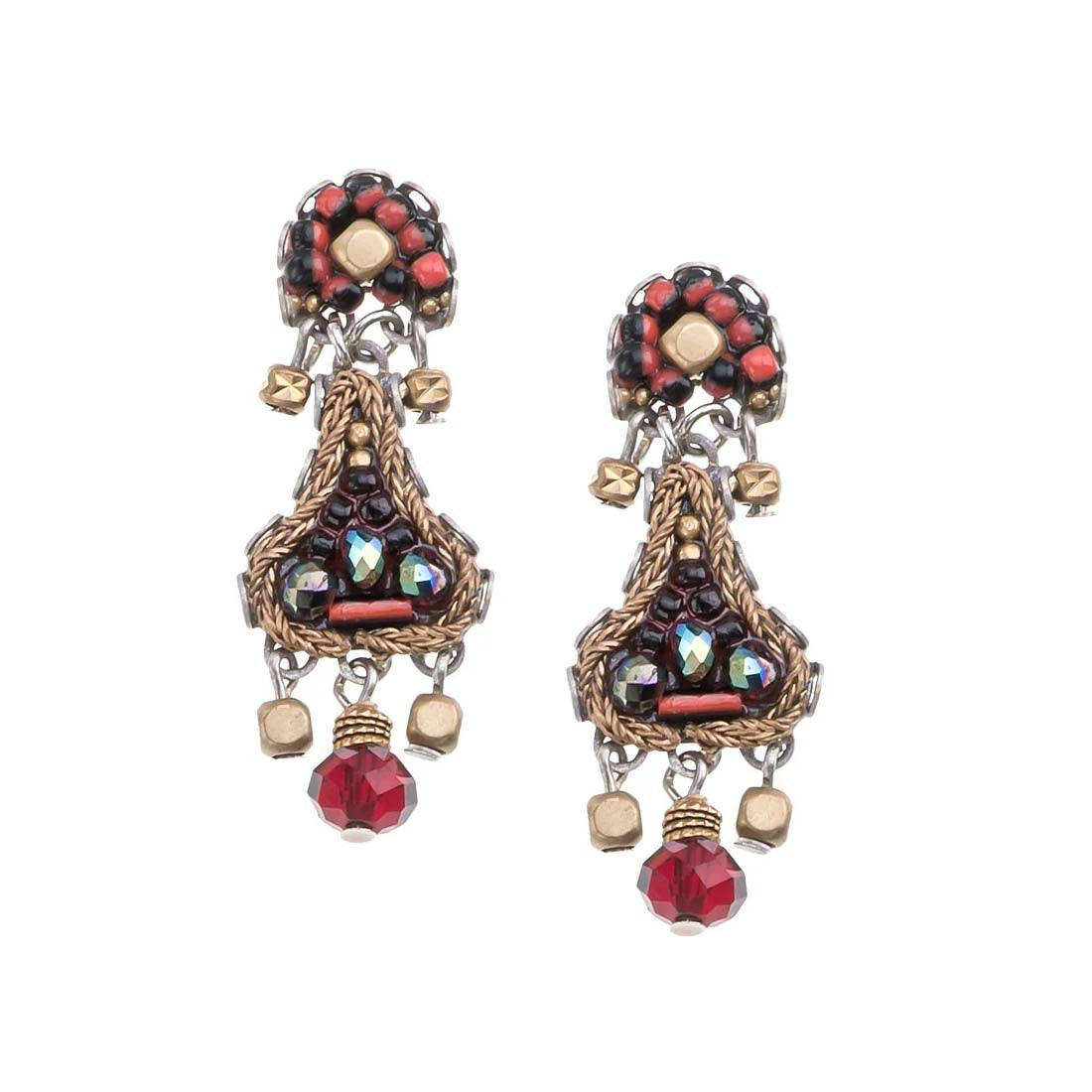 Pair of ornate earrings with red and gold accents on a white background