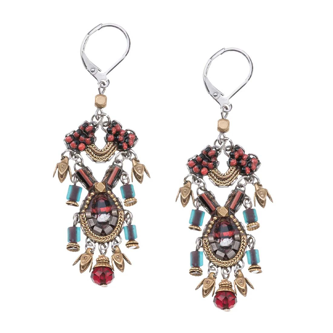 Pair of ornate earrings with colorful beads and charms on a white background