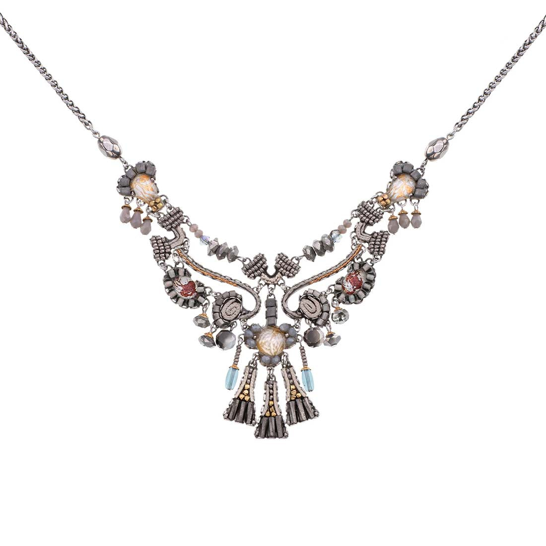 Decorative necklace with multicolored stones on a white background