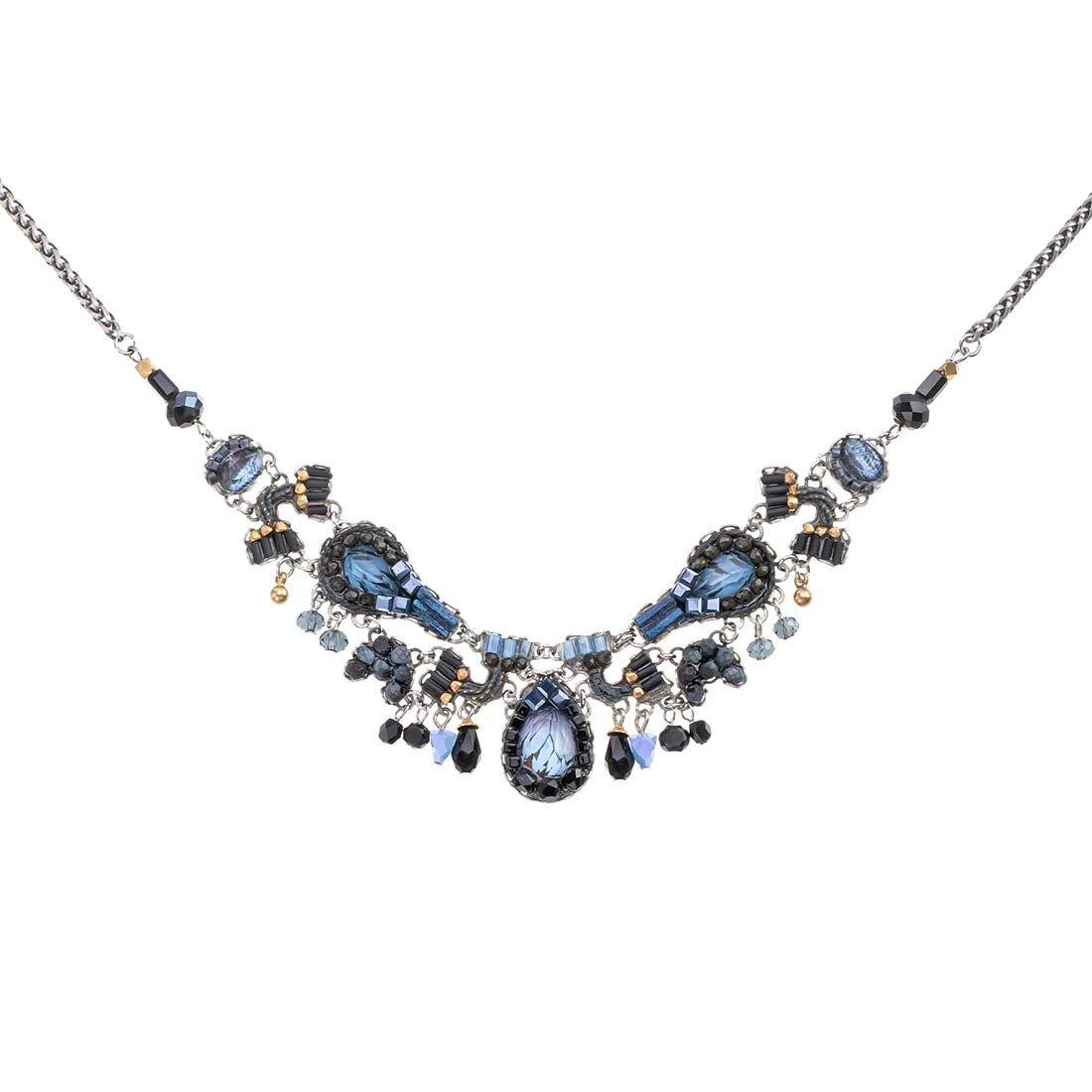 Necklace with blue and black beads on a white background