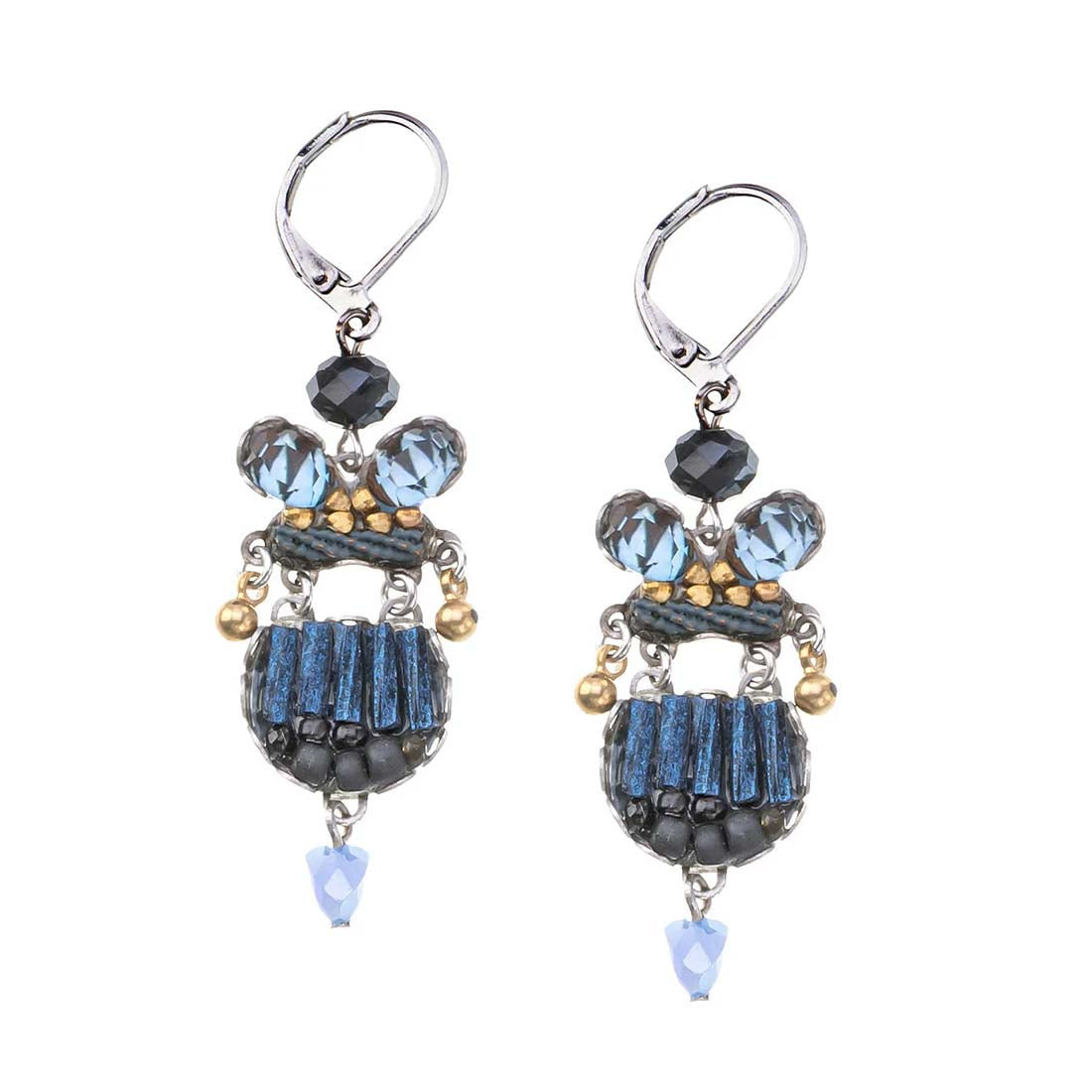 Pair of earrings with blue and black beads on a white background