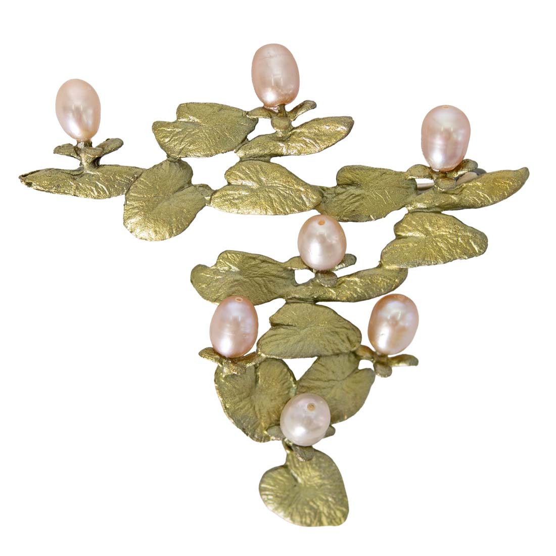 Gold leaf earrings with pink pearls on a white background
