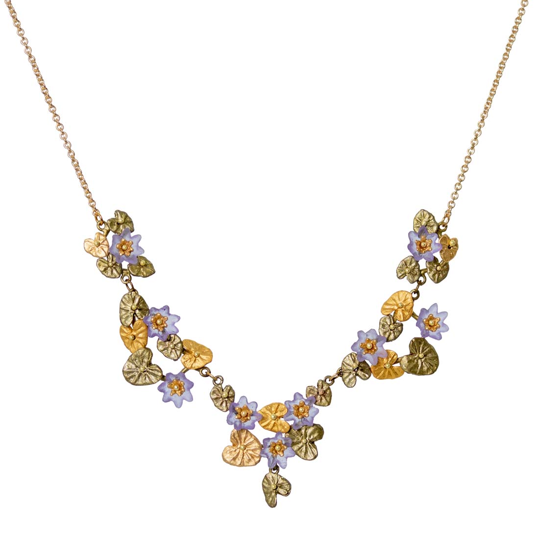 Gold necklace with floral designs on a white background