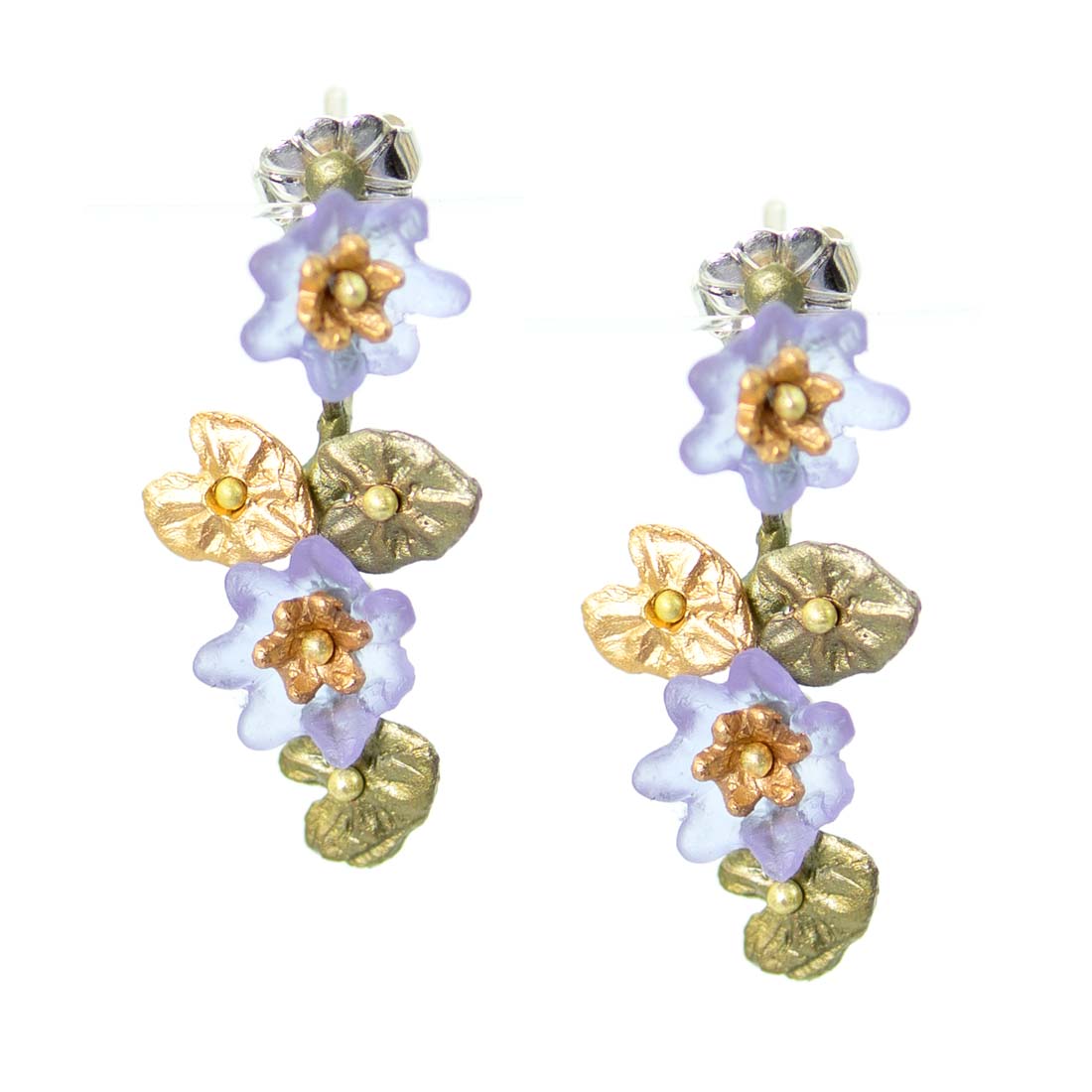 Pair of floral earrings with gold and purple flowers on a white background