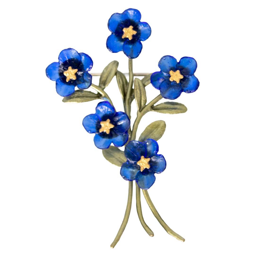 Brooch with blue flowers and gold centers on a white background
