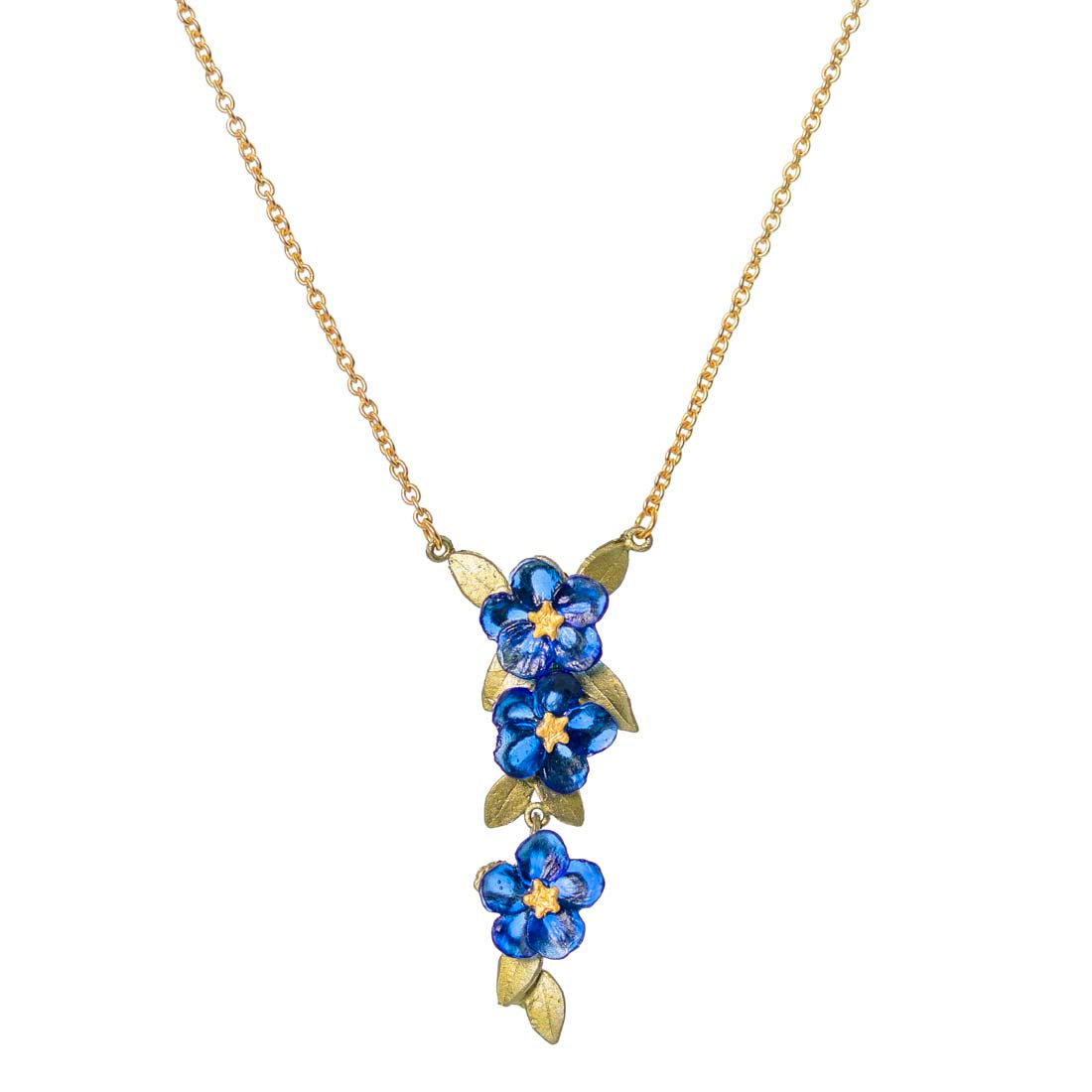 Necklace with blue floral pendant on a white background