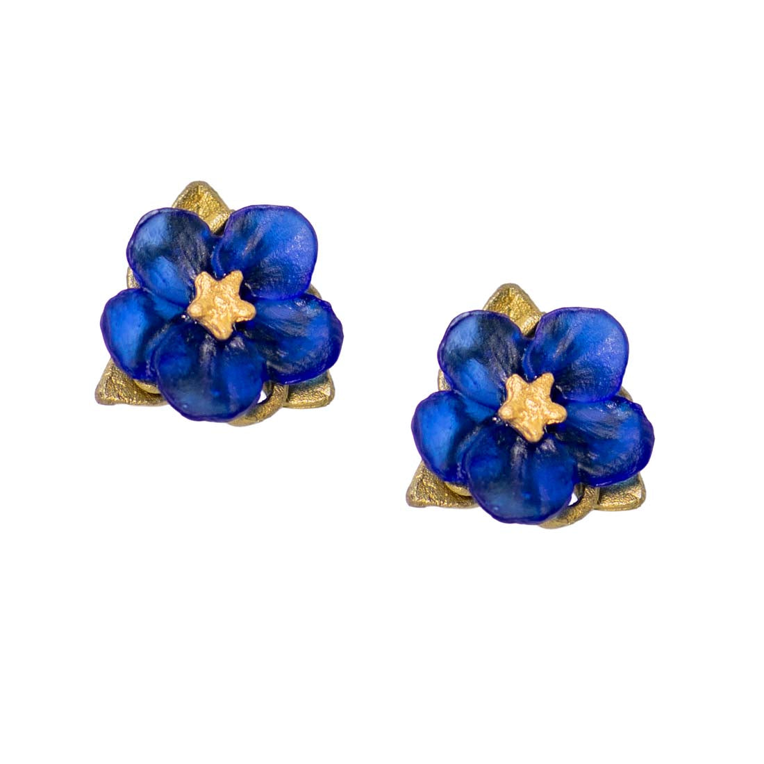 Pair of blue flower-shaped earrings with gold accents on a white background