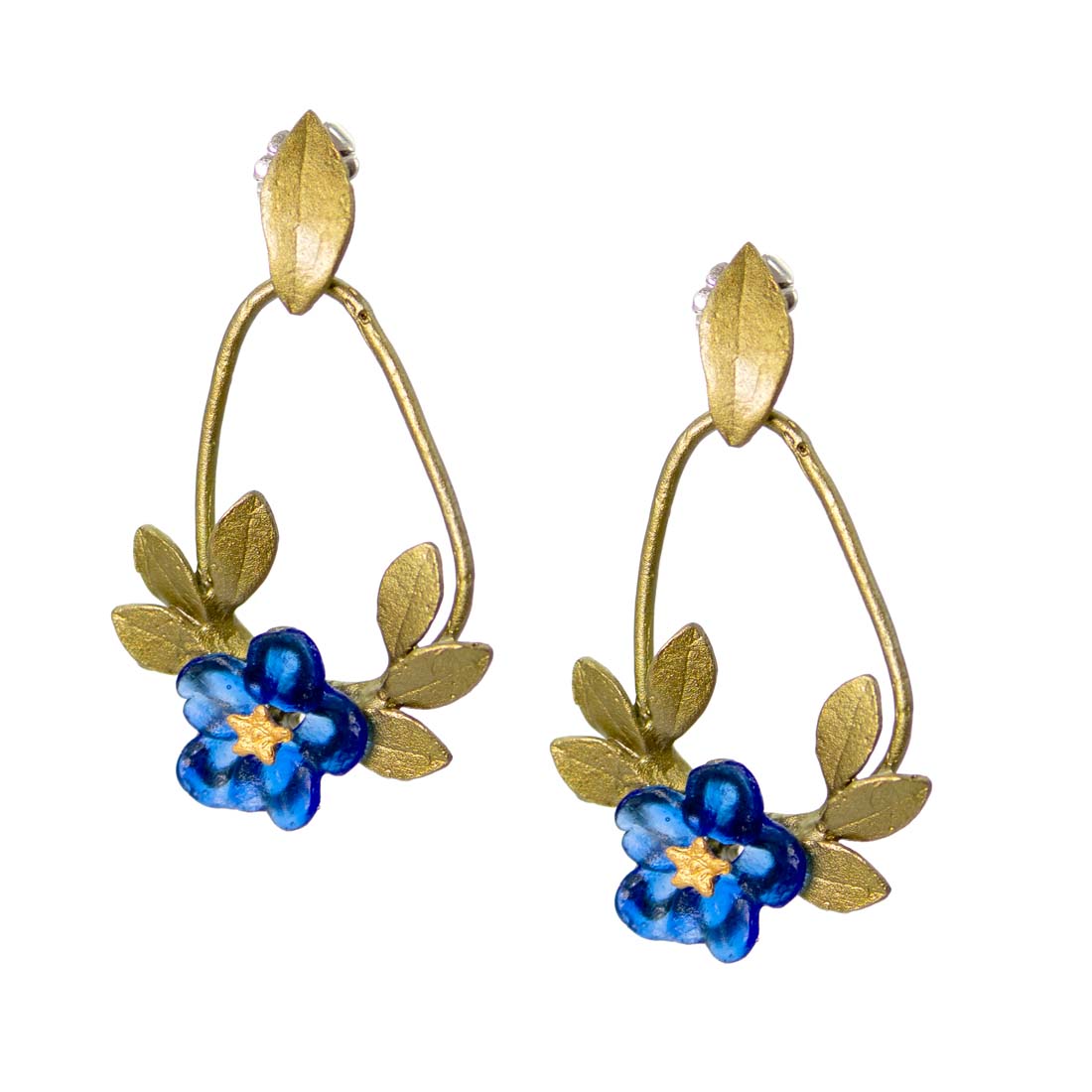 Gold hoop earrings with blue floral elements on a white background