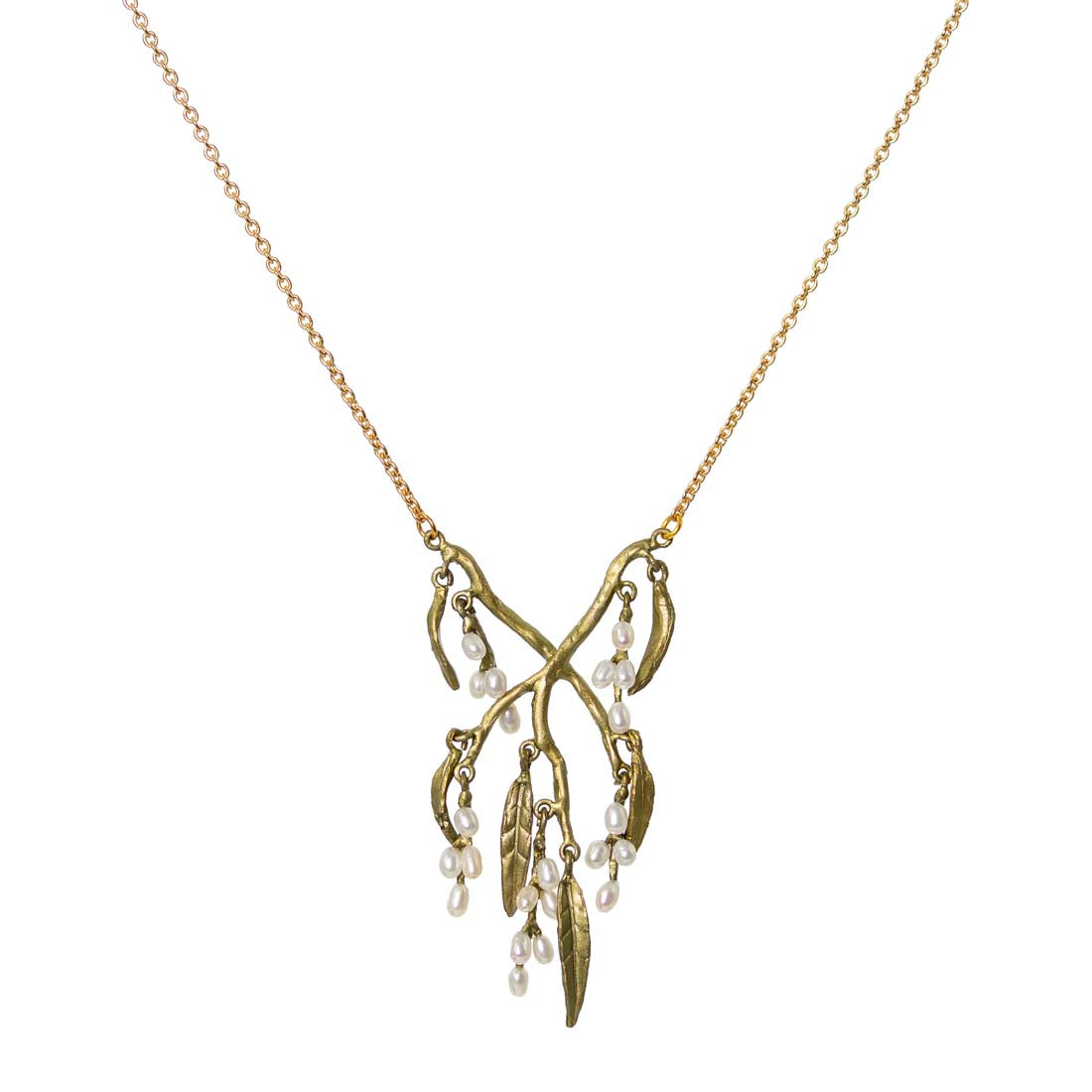 Gold necklace with leaf and pearl design on a white background