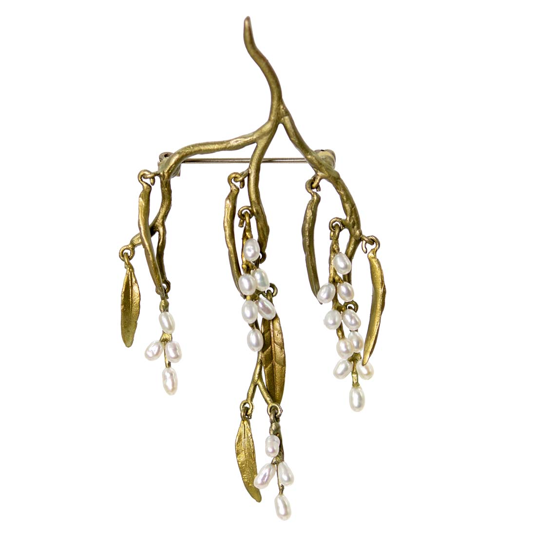 Gold branch-like earring with pearl droplets on a white background