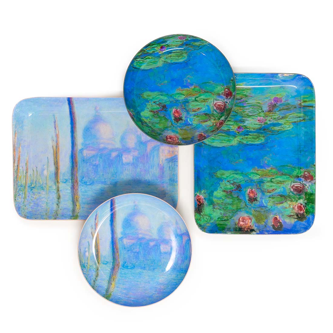 Rectangular tray with a artistic depiction of a cityscape and water, resembling a famous painting.