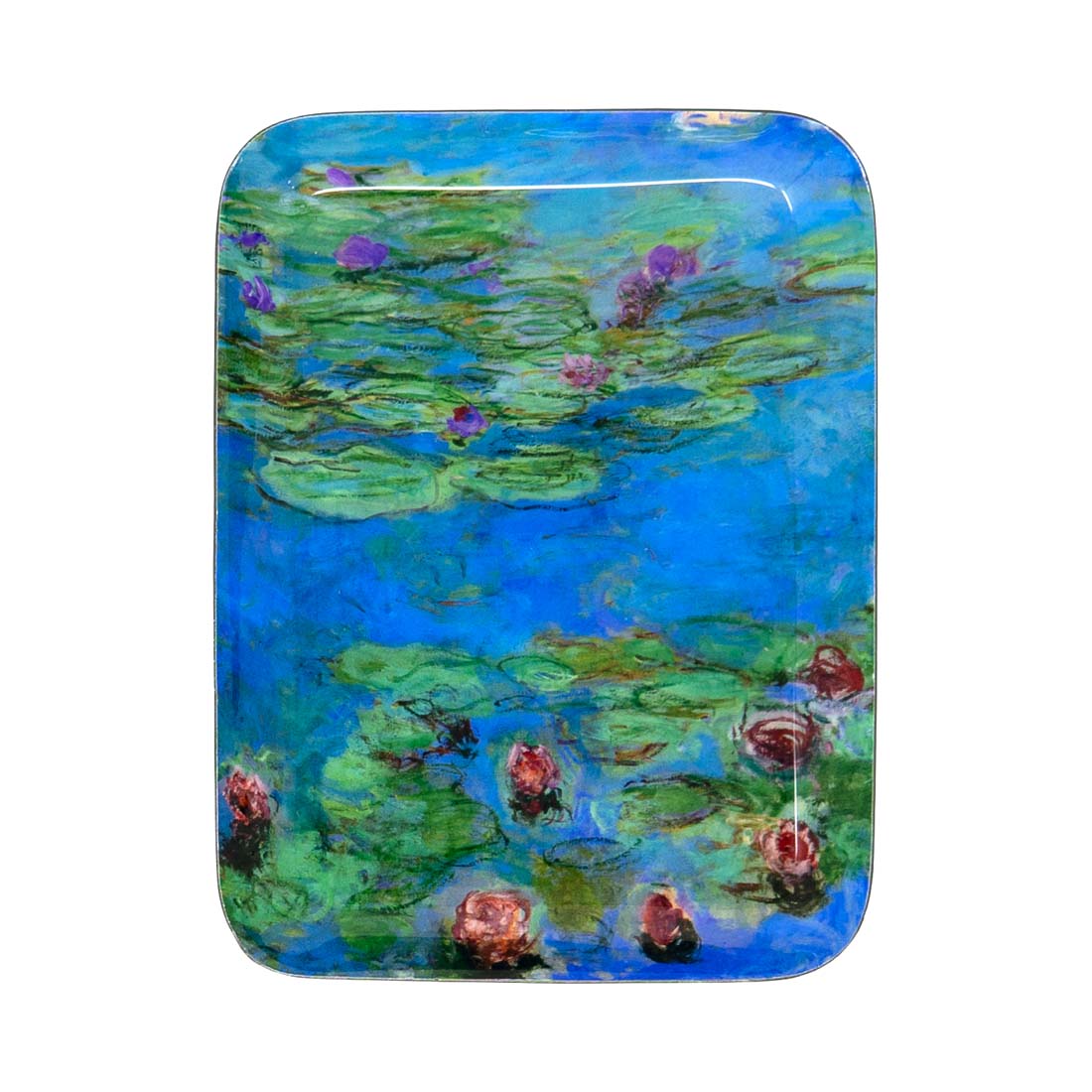 Rectangular tin with a design of water lilies on a blue background