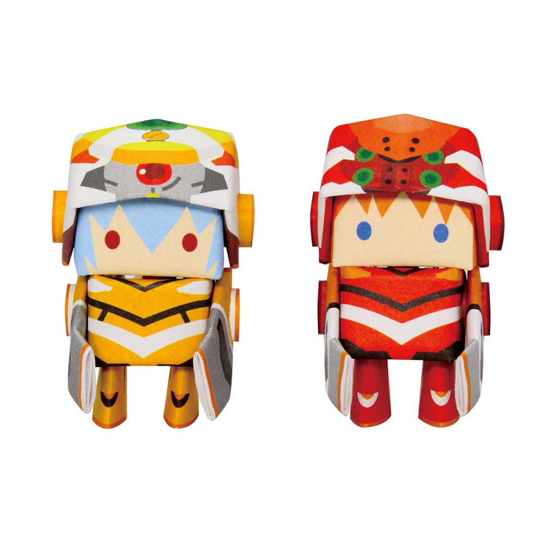 Two colorful robot toy figures on a white background