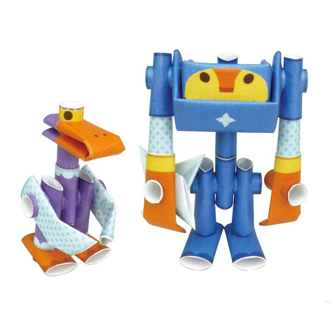 Colorful toy figure made of interlocking pieces of paper on a white background
