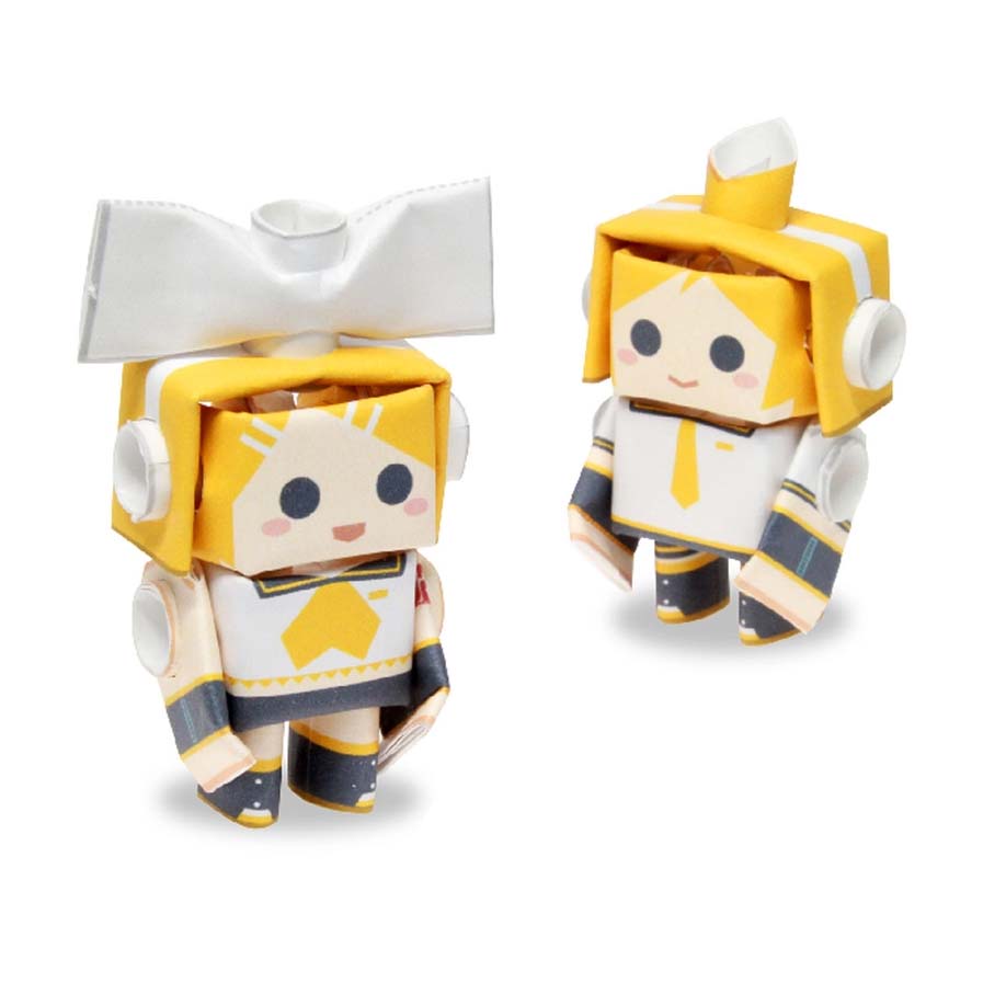 Two paper robot toys with yellow and white design on a white background