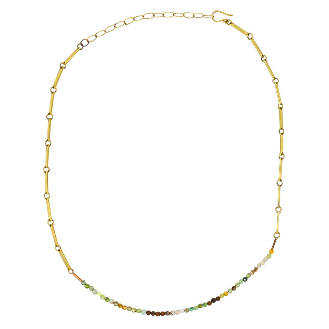 Necklace with multicolored beads on a gold chain against a white background