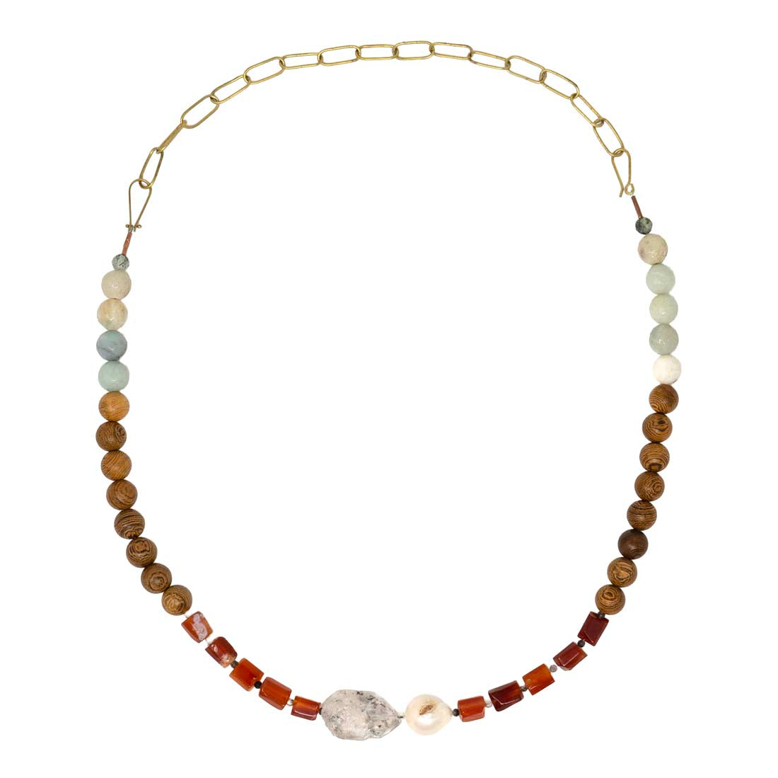Necklace with multicolored beads on a white background