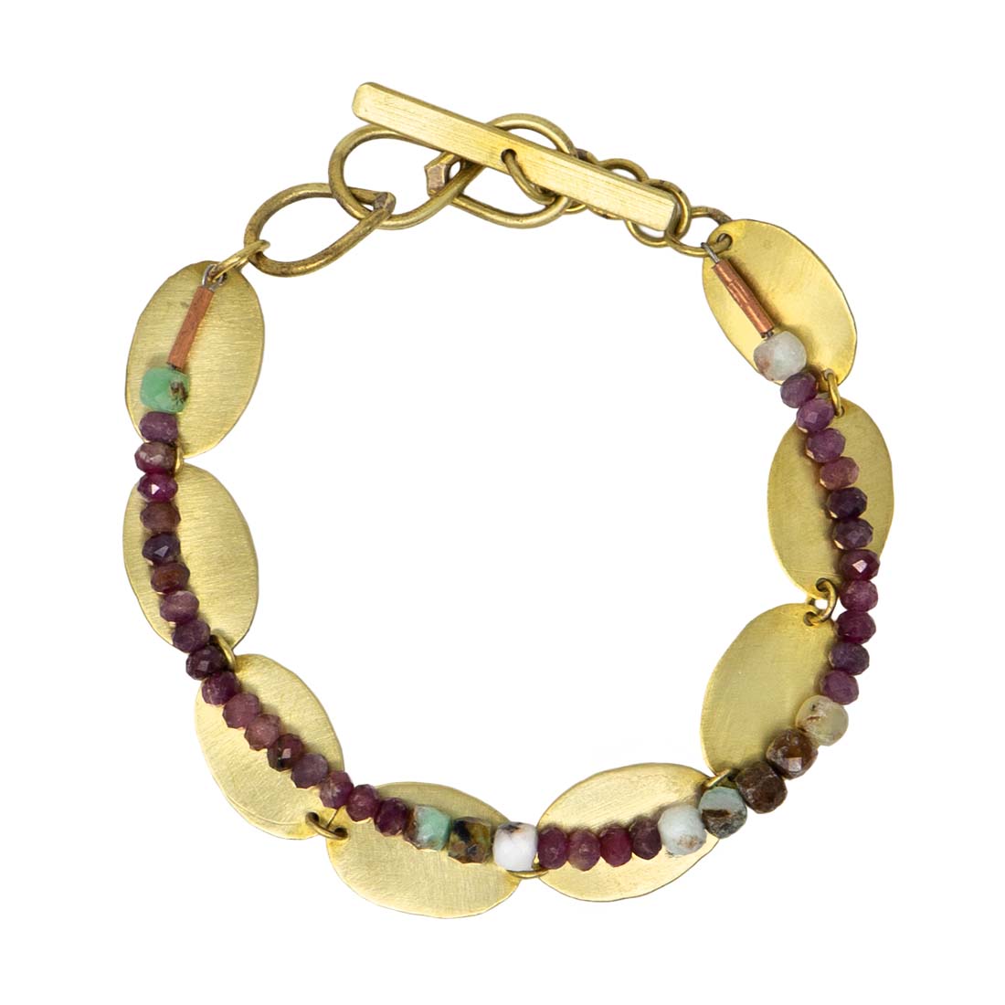 Gold bracelet with round beads on a white background