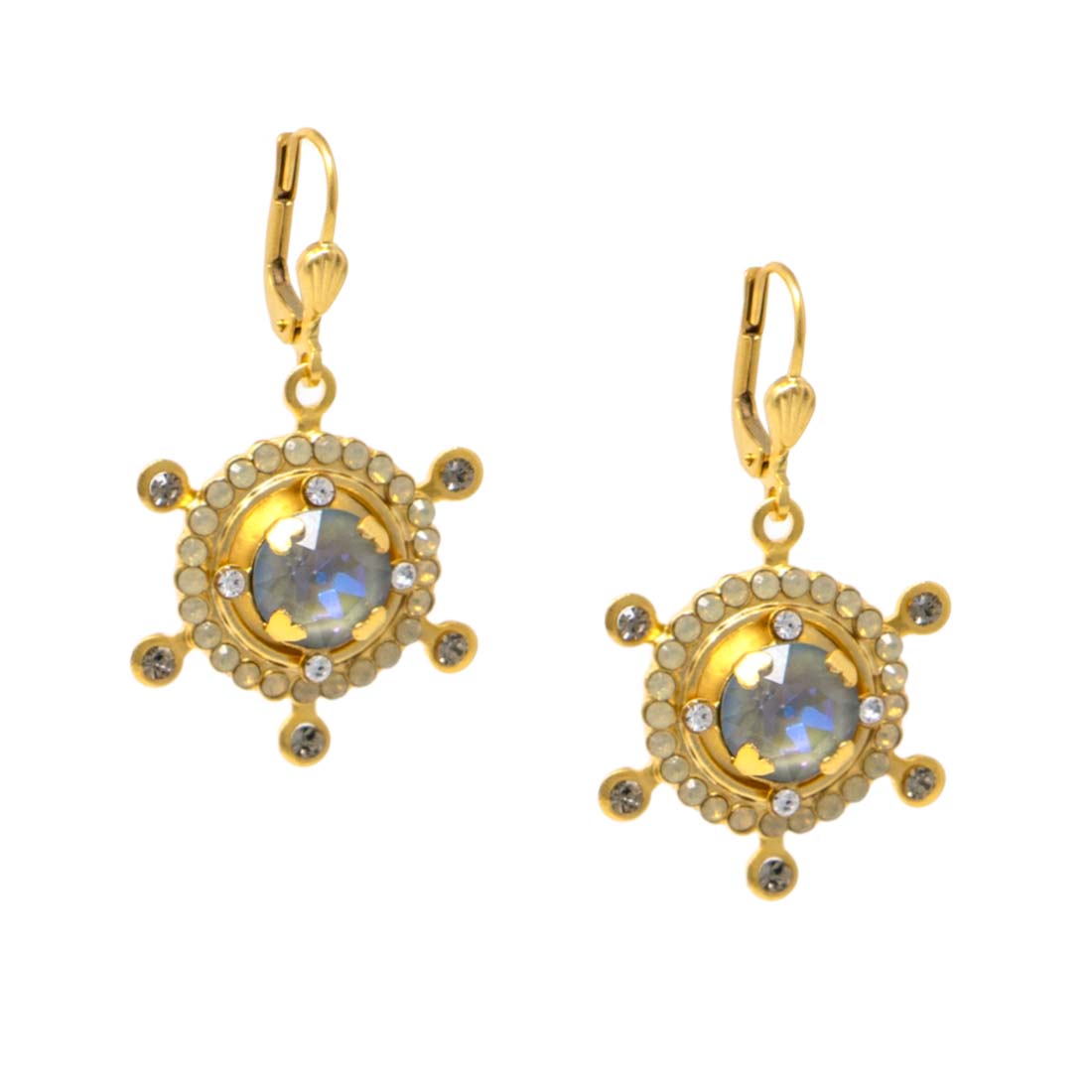 Gold turtle-shaped earrings with central gemstone on a white background
