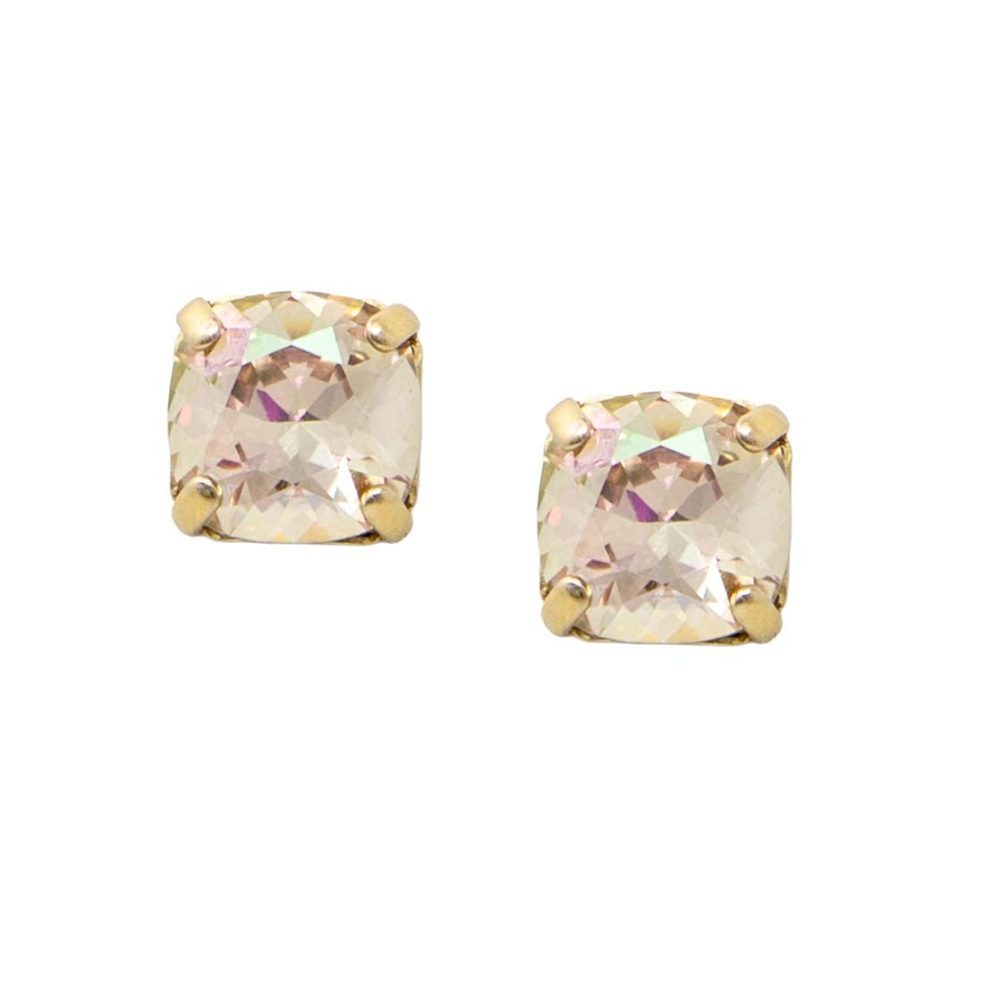 Pair of square-cut gemstone earrings with gold prongs on a white background