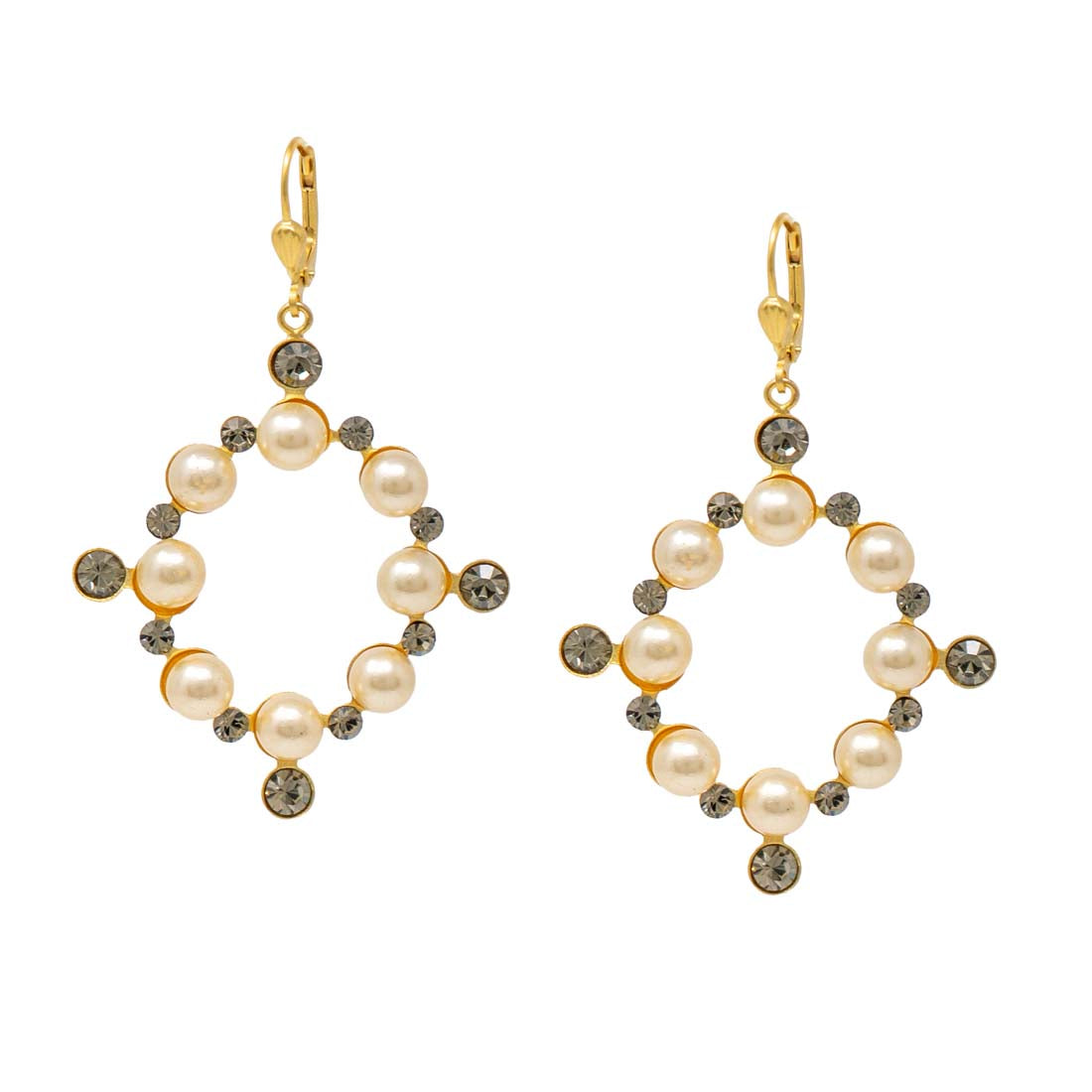 Pair of hoop earrings with pearls and gold accents on a white background