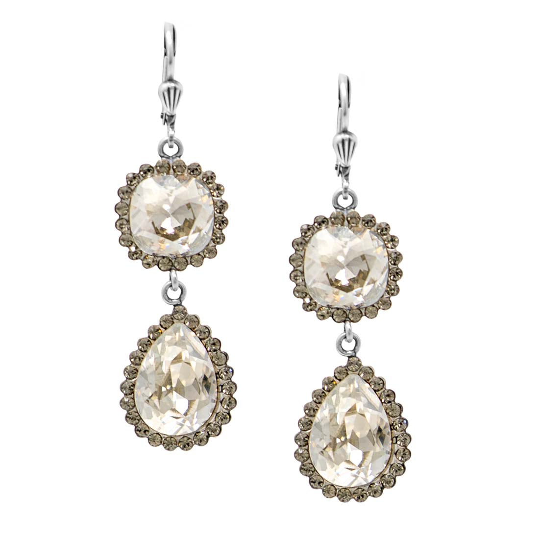 Pair of crystal drop earrings on a white background