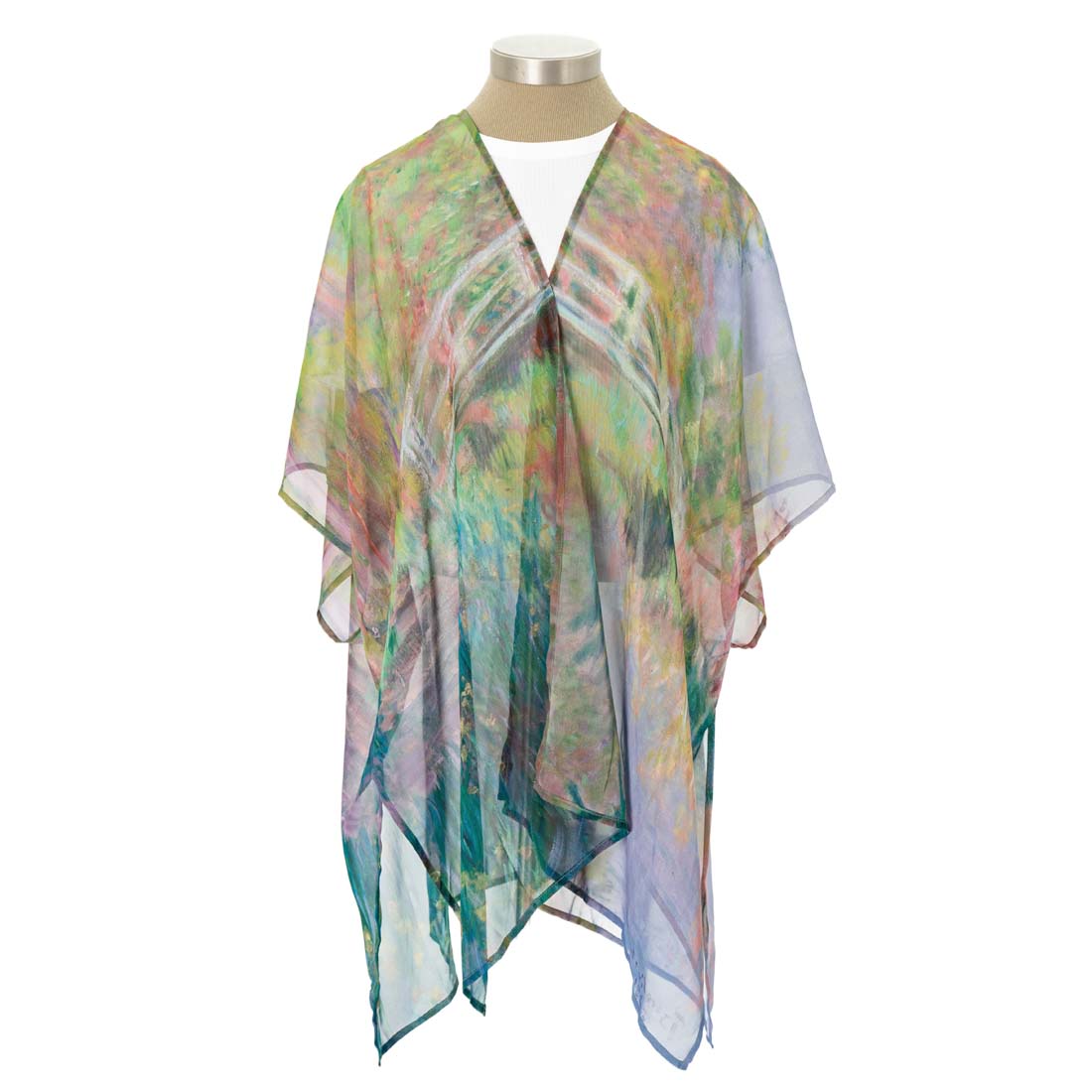 Multicolored scarf on a mannequin against a white background