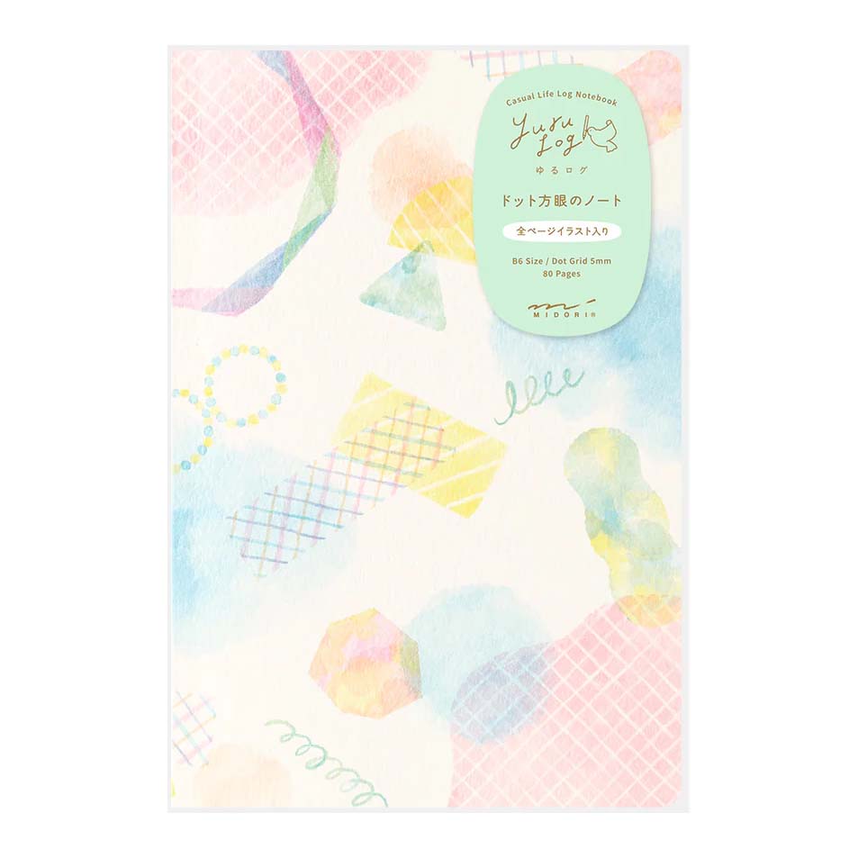 Colorful notebook with pastel designs and a green label on a white background