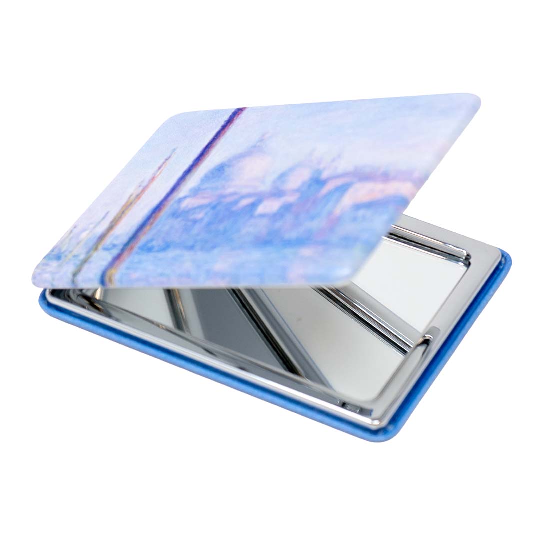 Compact mirror with a blue and white abstract design on the cover