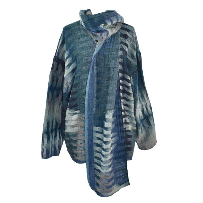 Blue and white patterned scarf on a white background