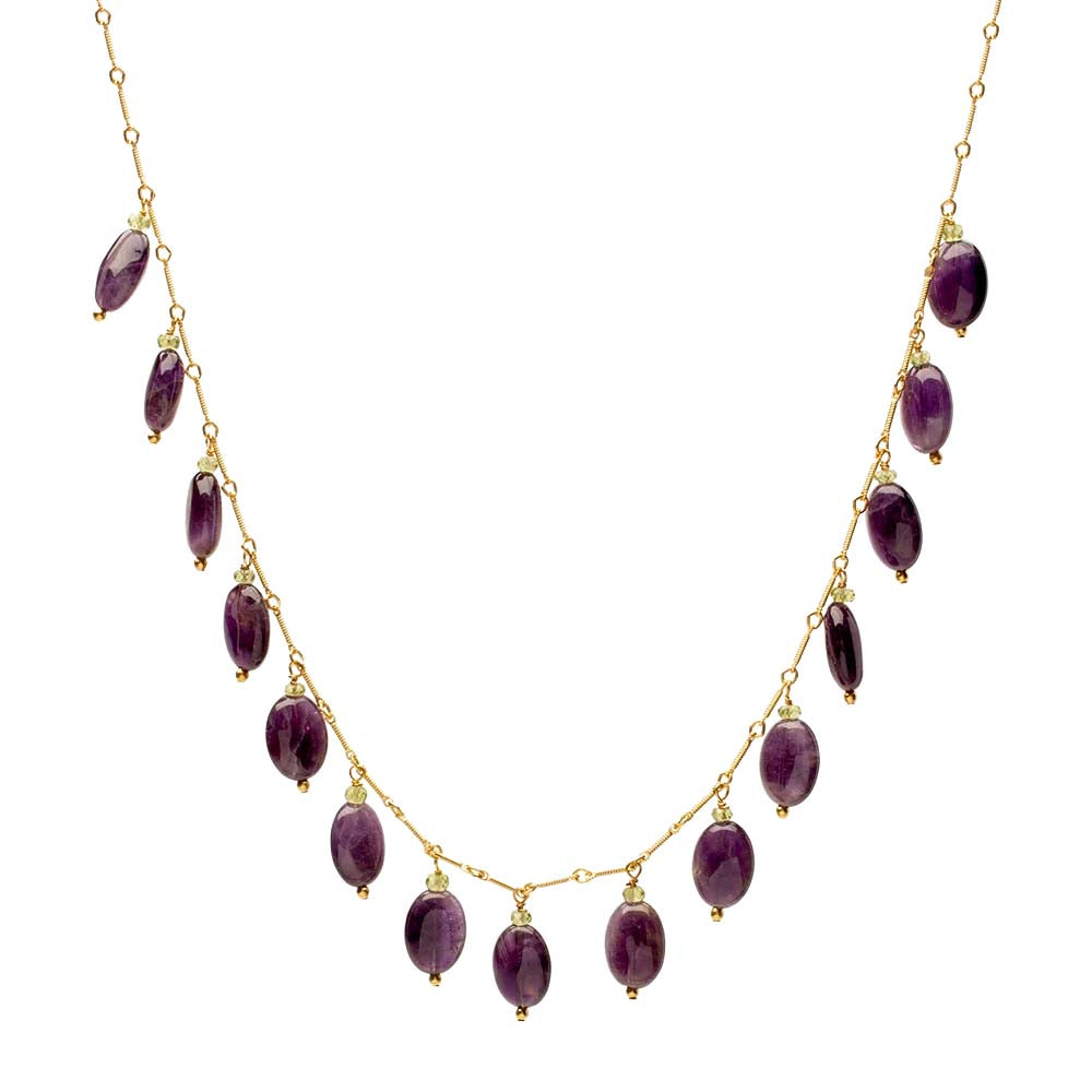Necklace with purple beads on a white background