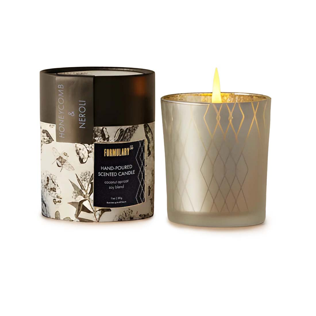 Candle with decorative packaging on a white background