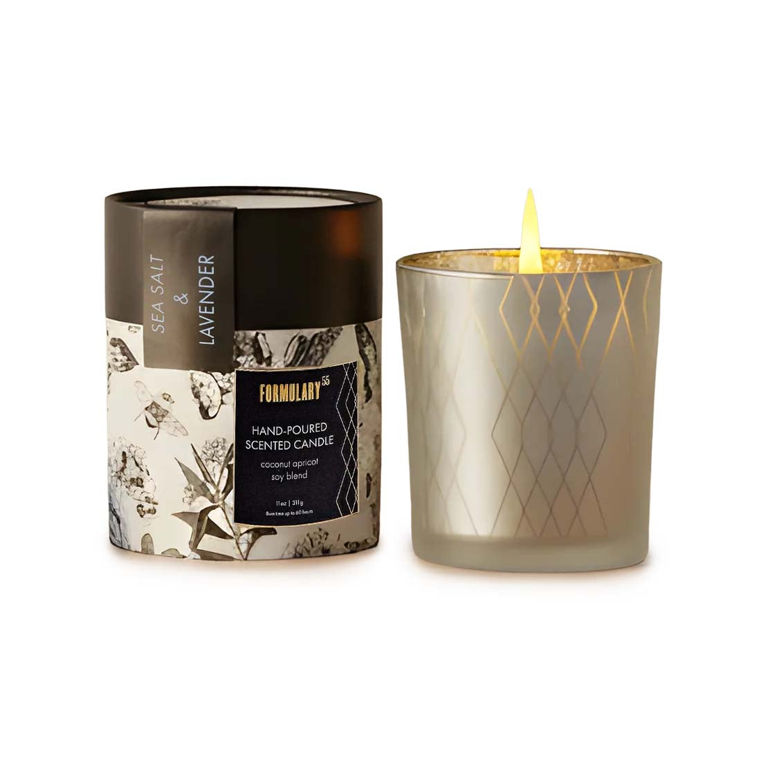 Candle with decorative packaging on a white background