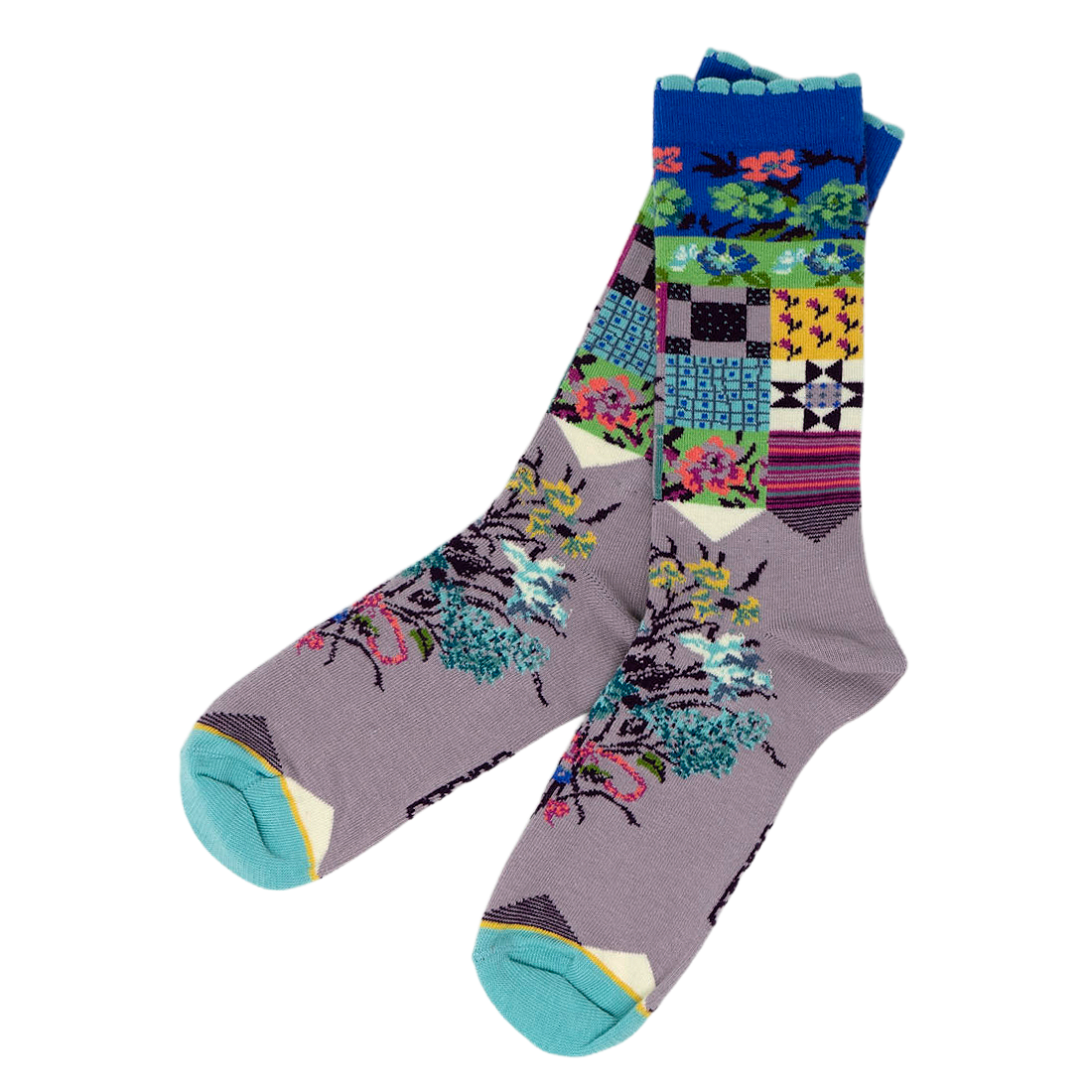 Colorful patterned socks with quilt design