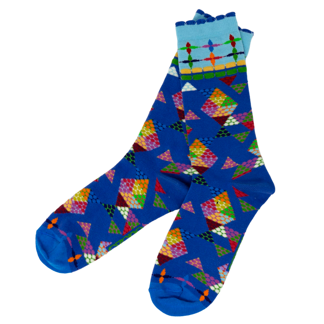Colorful geometric-patterned blue socks 