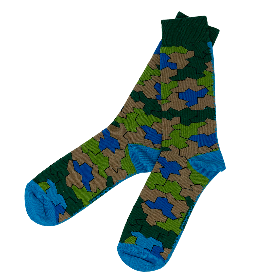 Colorful blue and green patterned sock with quilt design
